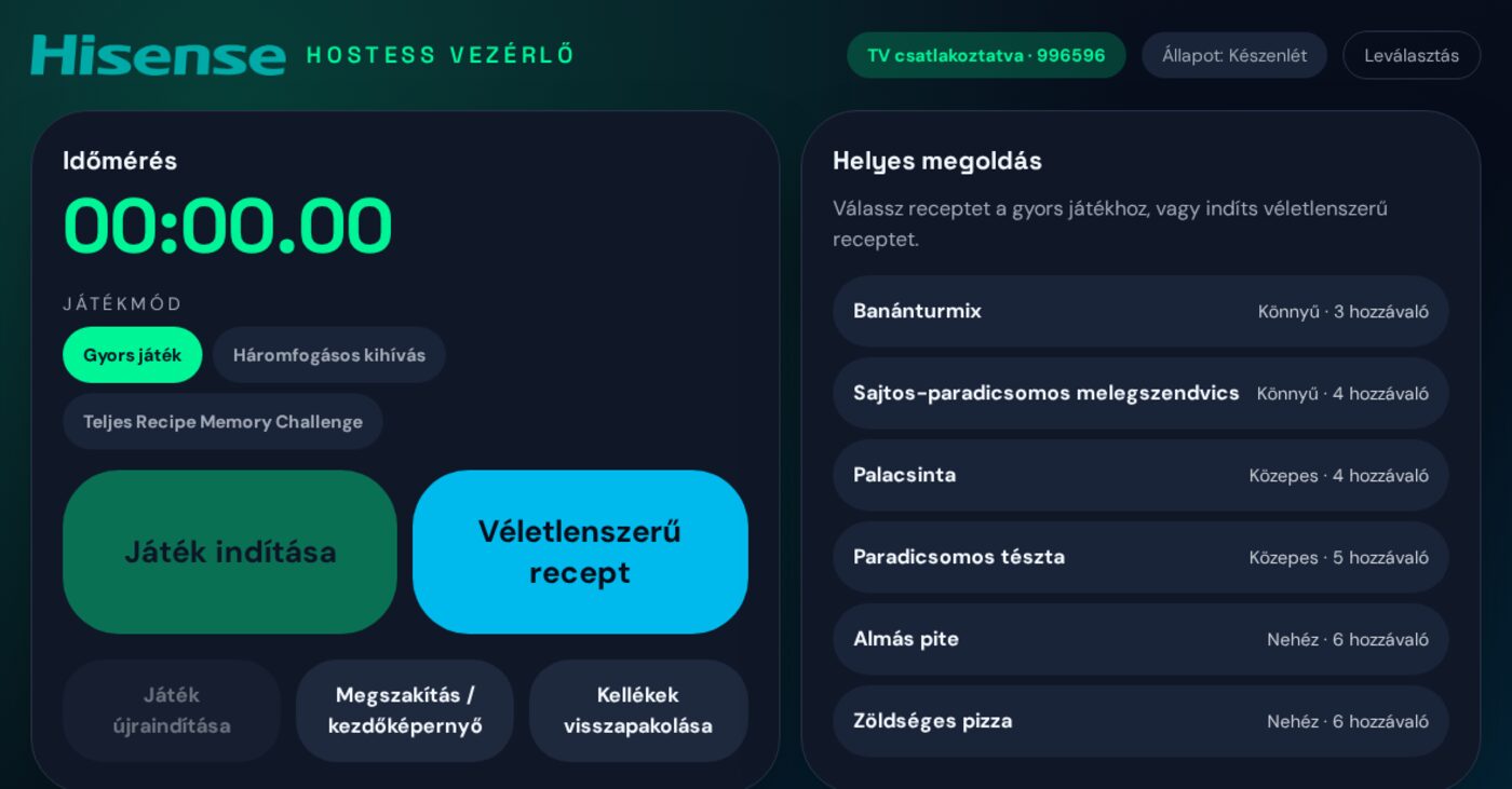 iPad: mód- és receptválasztás, indítás egy koppintással.
