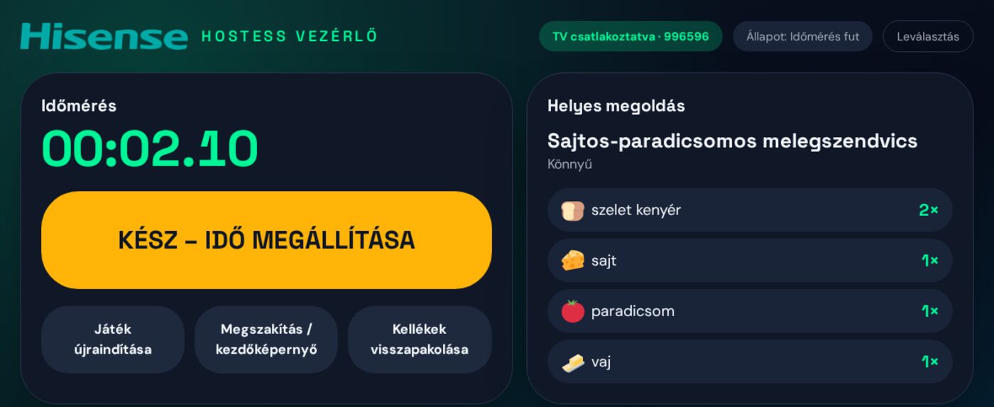 iPad: „KÉSZ – idő megállítása” nagy gomb.